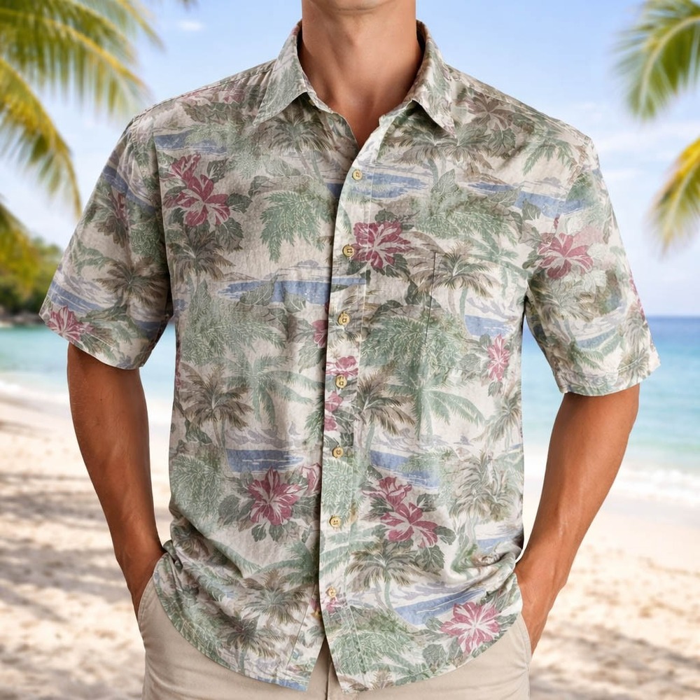 Cooke Street Hawaiian Aloha Shirt Large Floral Palm Trees Flowers Rev Print